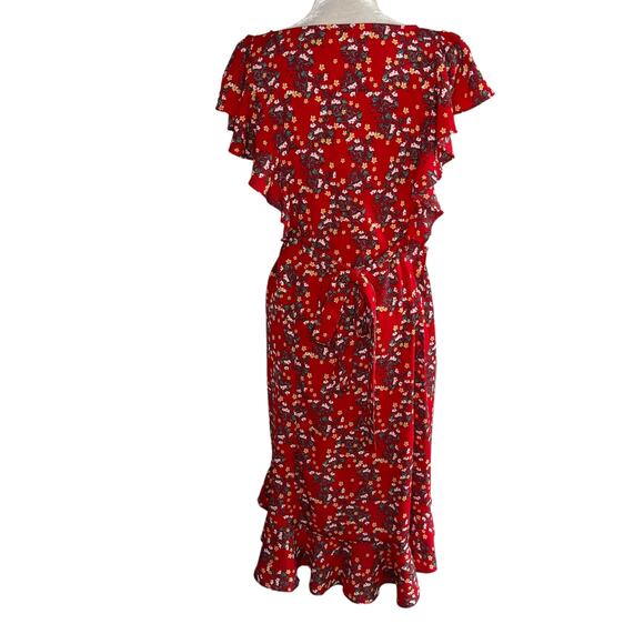 Max Studio Floral Midi Dress Red Small Ruffles Belted New - Picture 4 of 15